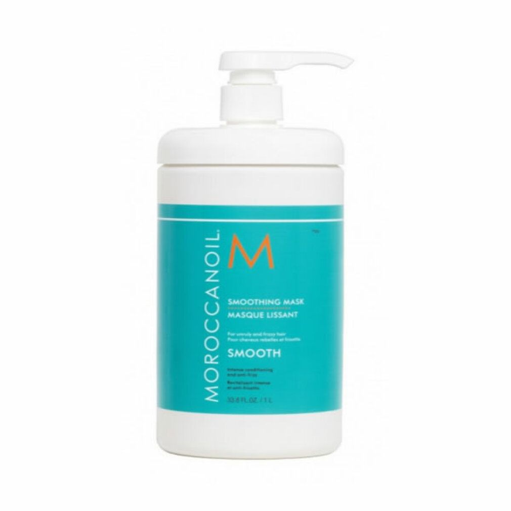 Contenitore bianco con etichetta blu. Scritta Moroccanoil, Smoothing Mask, M. Con pompa.