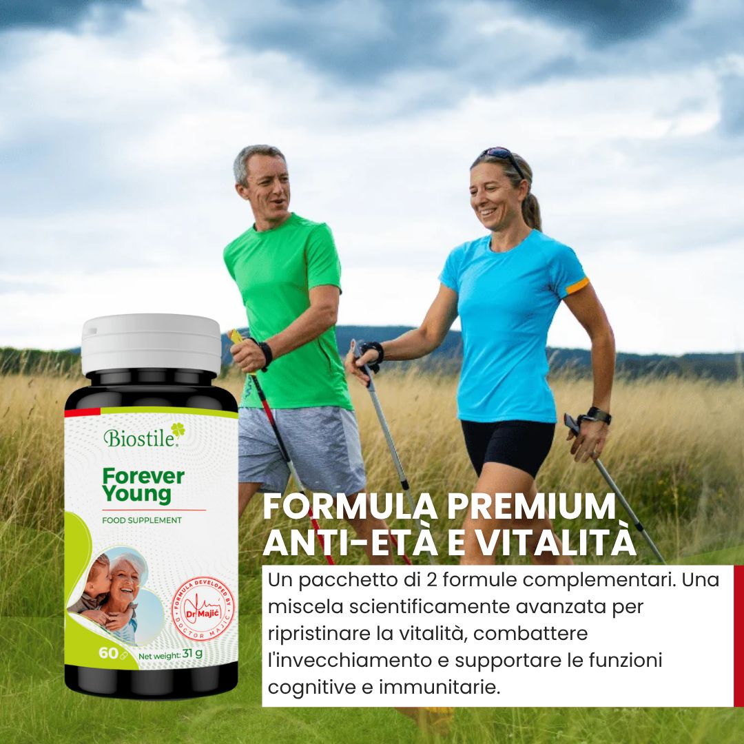 Coppia che fa nordic walking con flacone Biostile Forever Young. Testo: Formula anti-età e vitalità premium.