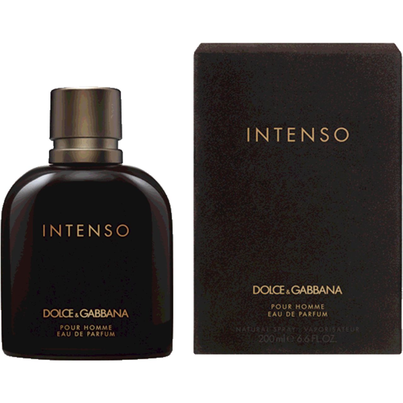 Flacone e scatola marrone scuro. Scritta INTENSO e DOLCE & GABBANA. Eau de Parfum.