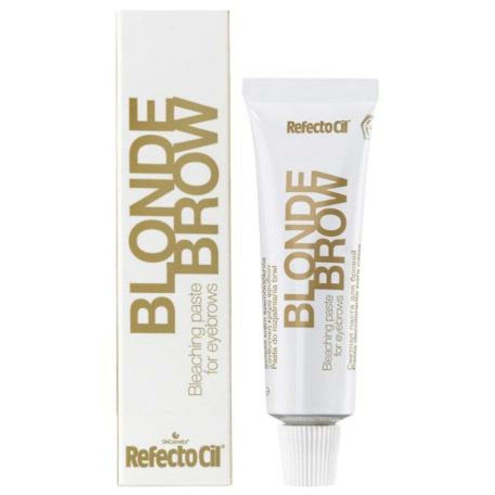 RefectoCil Blondierpaste per sopracciglia. Tubo e scatola. Tubo bianco con testo dorato.