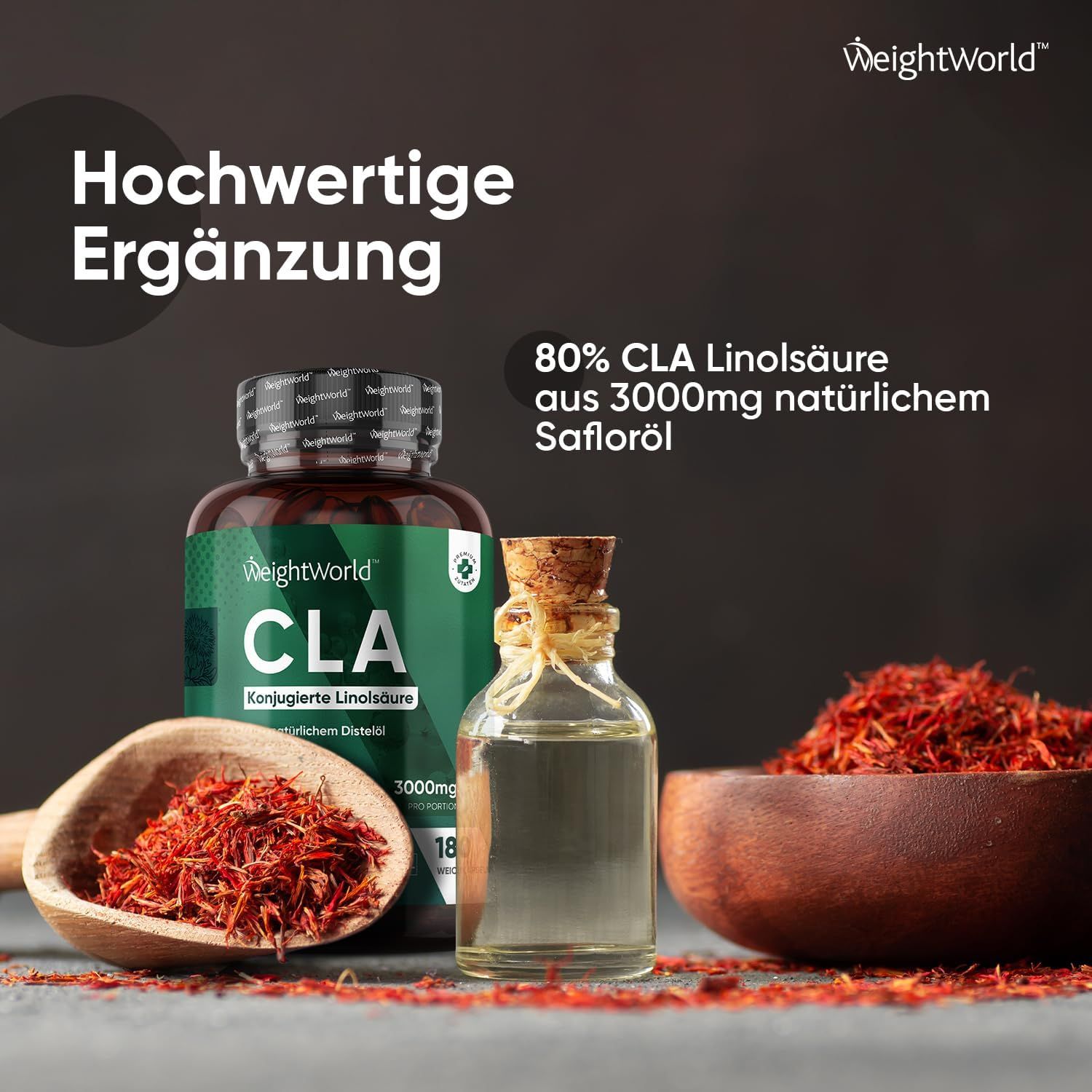 Immagine del prodotto con flacone, olio di cartamo e fiori di cartamo. Testo: Integratore di alta qualità. 80% CLA acido linoleico da 3000mg di olio di cartamo naturale.