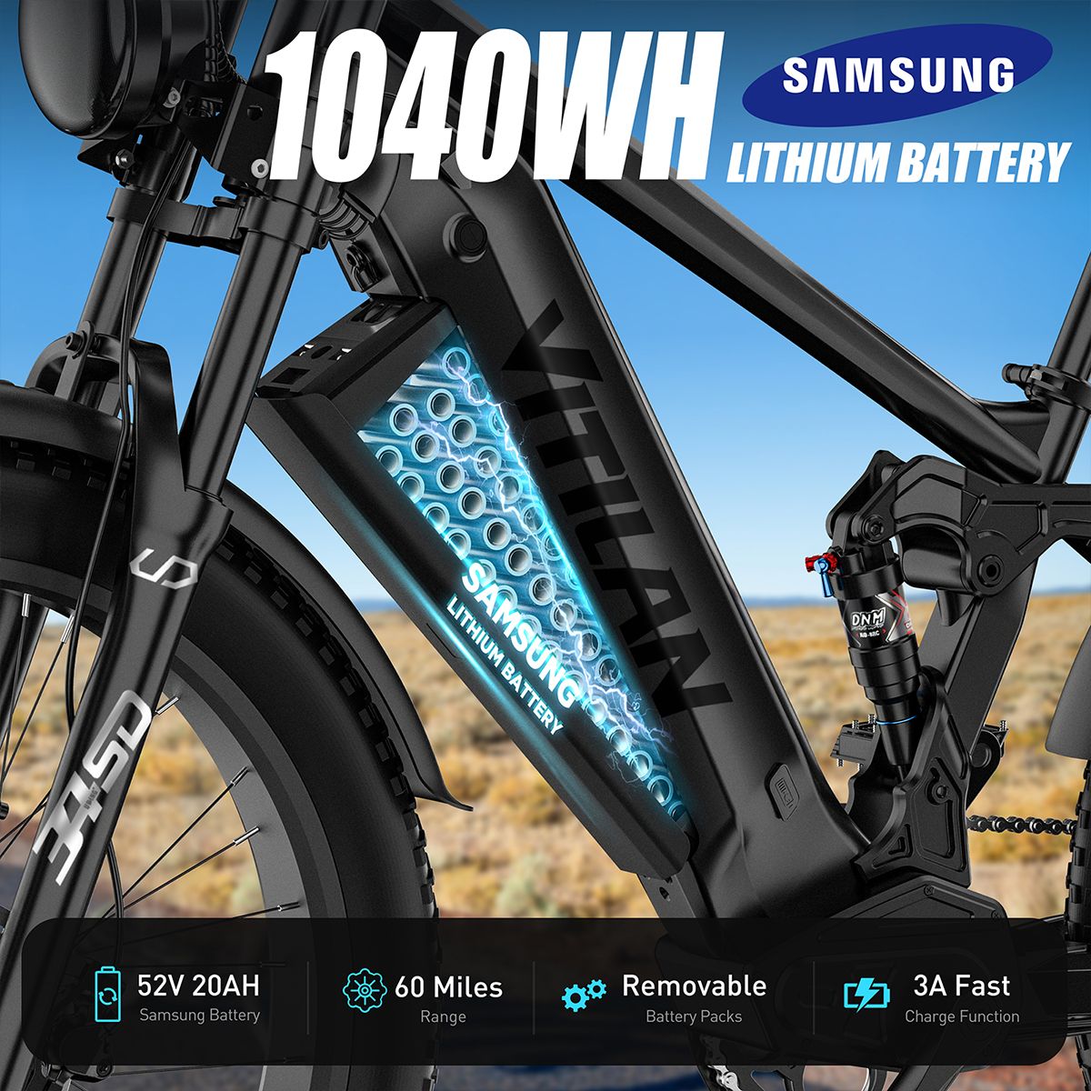E-bike con batteria al litio Samsung 1040WH, 52V 20AH. Autonomia 60 miglia. Batterie rimovibili. Ricarica rapida 3A.