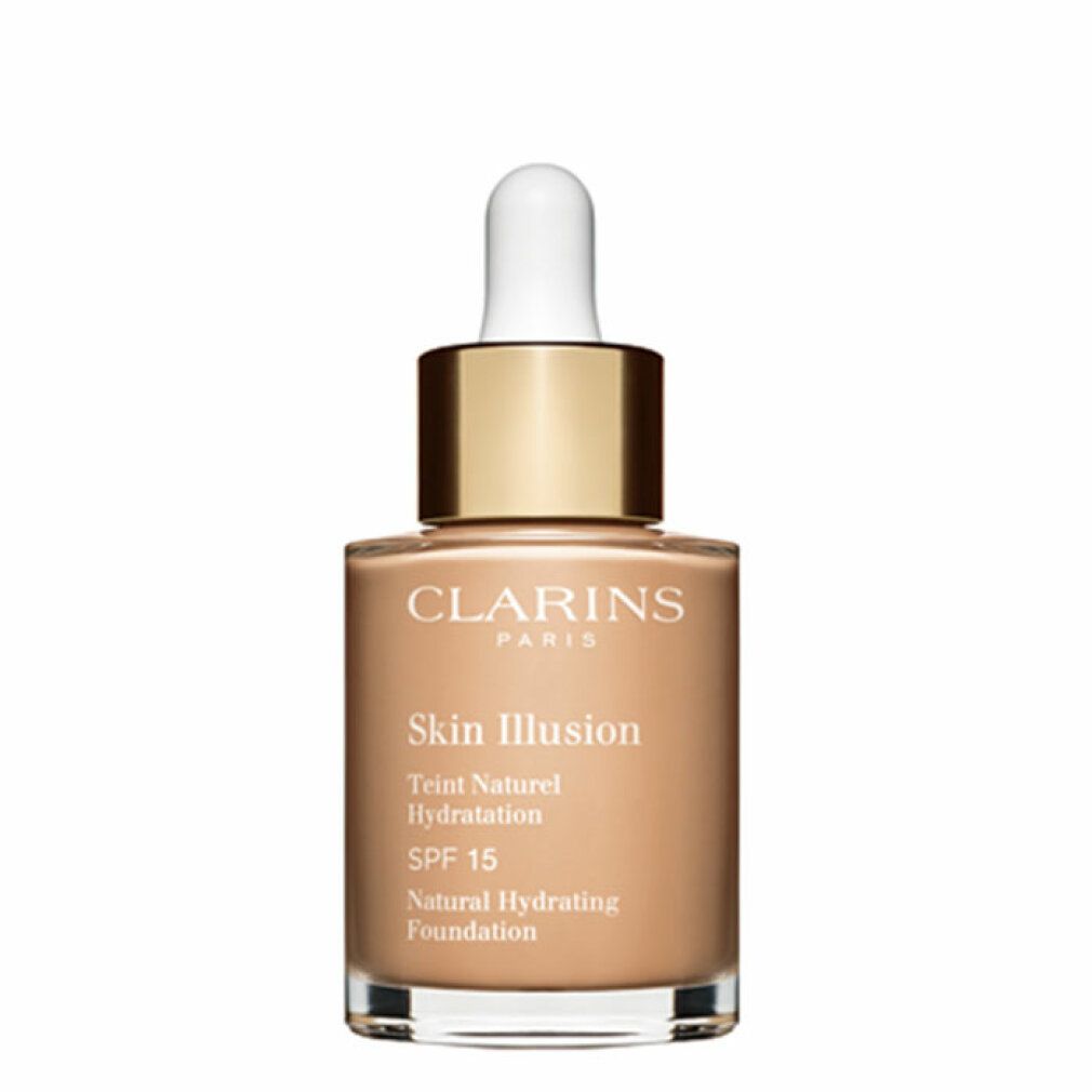Flacone di trucco Clarins Skin Illusion. Scritta: Teint Naturel Hydratation SPF 15, Natural Hydrating Foundation.