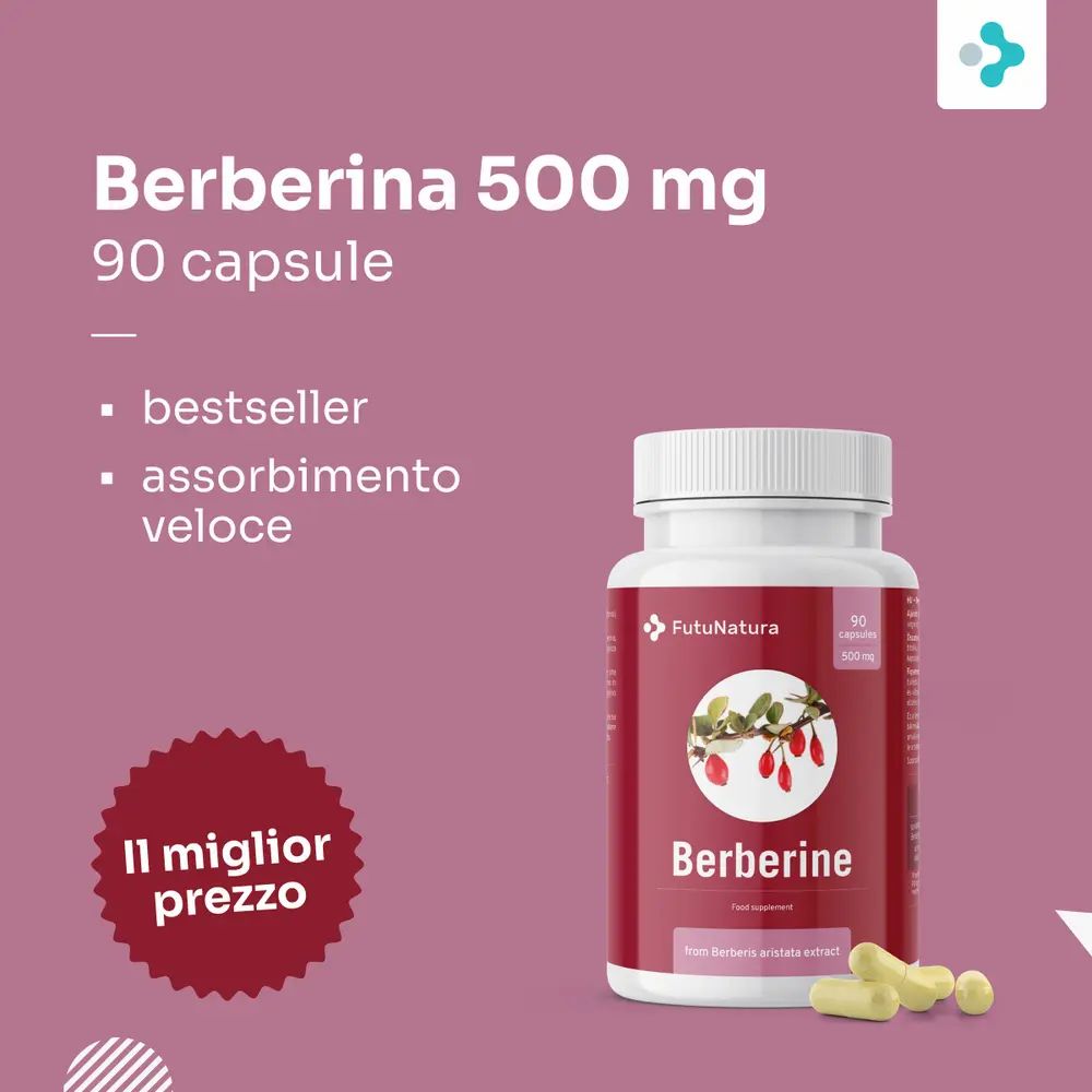 Flacone di capsule di berberina. Testo: Berberina 500 mg, 90 capsule. Cerchio rosso con 'Il miglior prezzo'.