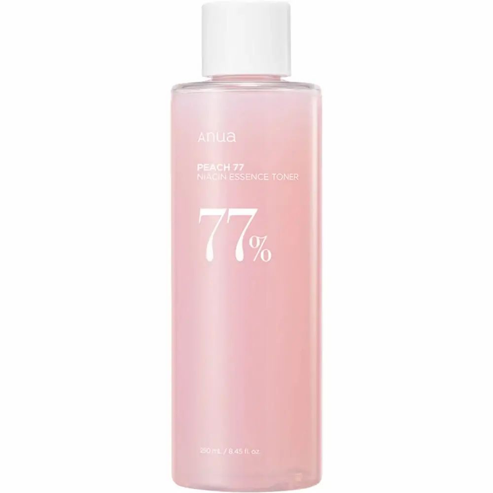 Flacone rosa con tappo bianco. Scritta: Peach 77 Niacin Essence Toner. 77% in bianco.