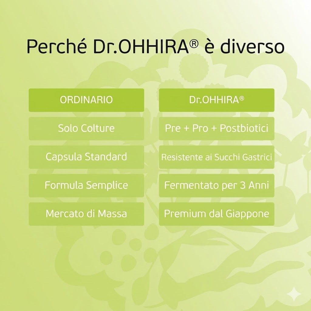 Panoramica degli ingredienti Dr. OHHIRA OM-X: mirtillo, limone, komatsuna, fico, wakame.