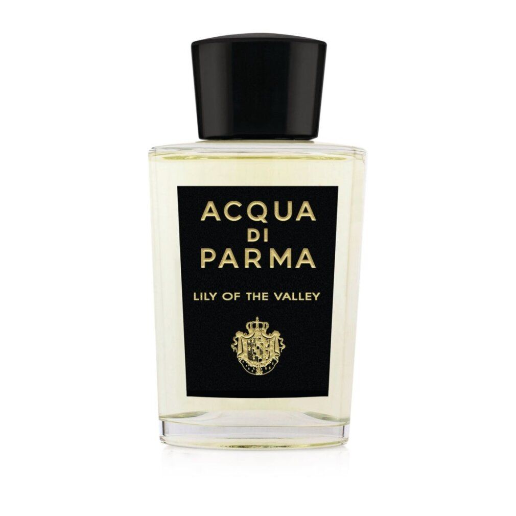 Flacone di profumo con tappo nero. Su etichetta nera: Acqua di Parma, Lily of the Valley. Logo dorato.