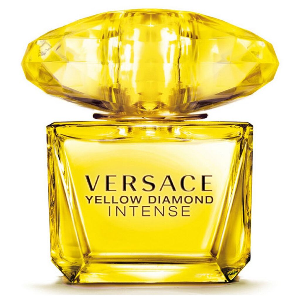 Flacone di profumo giallo con tappo a diamante. Scritta: VERSACE YELLOW DIAMOND INTENSE.