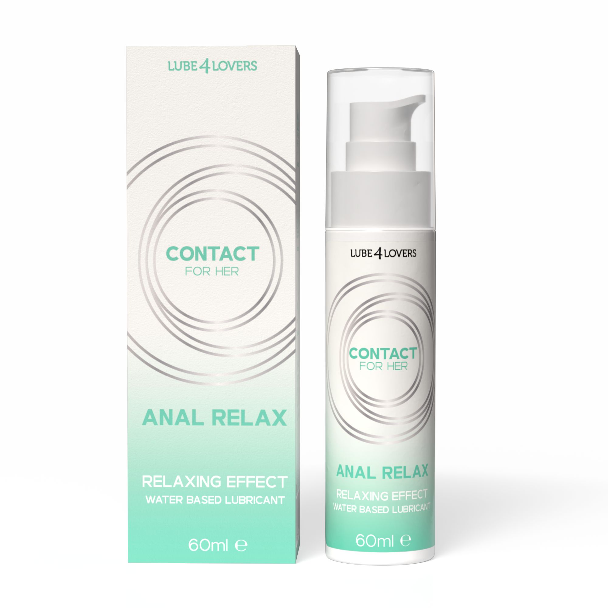 Flacone e confezione con scritta "CONTACT FOR HER ANAL RELAX". Lubrificante a base d'acqua. 60ml.
