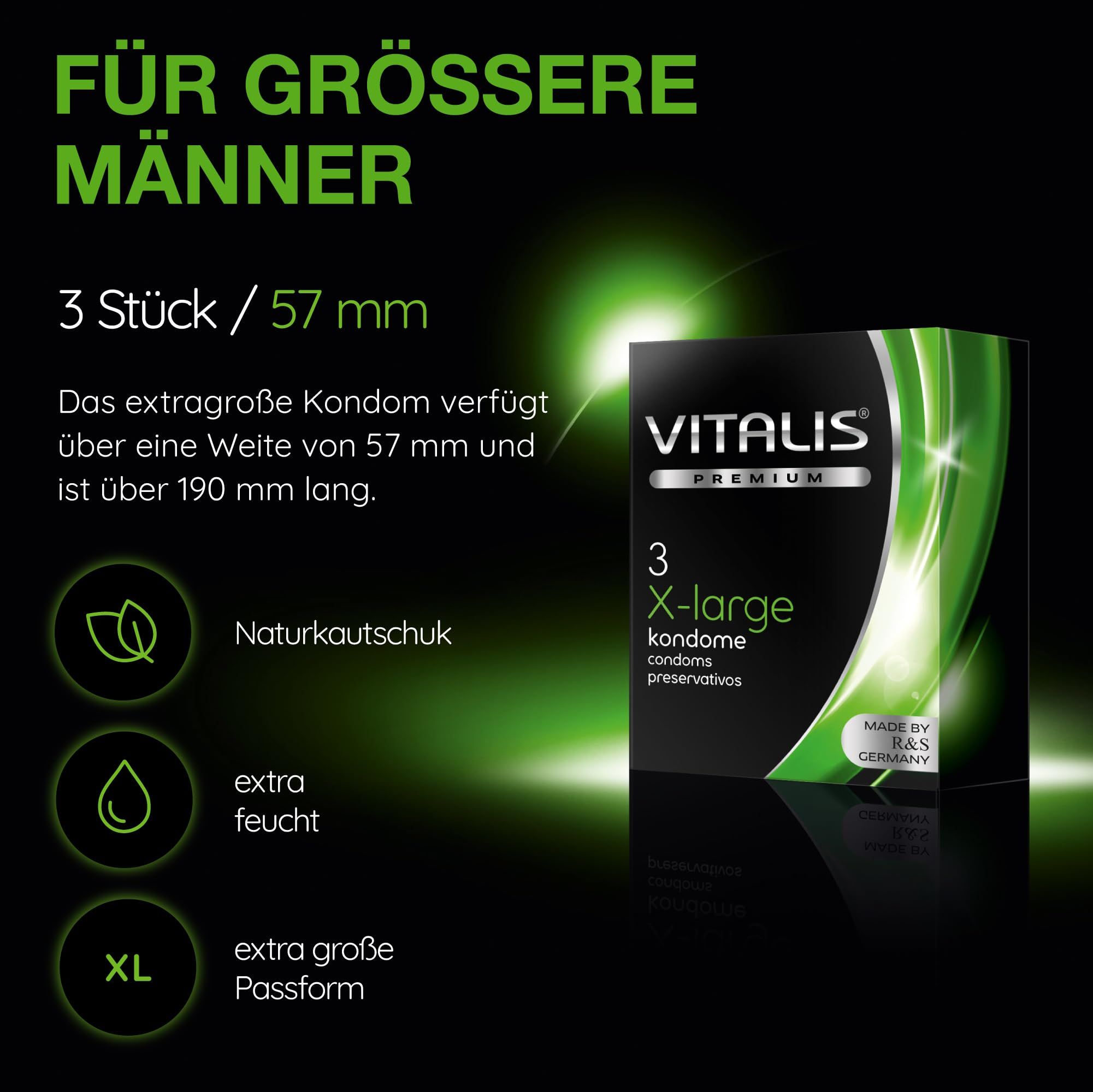 Preservativi Vitalis Premium X-Large: 3 pezzi, 57 mm di larghezza, lattice naturale, extra lubrificati, vestibilità XL.