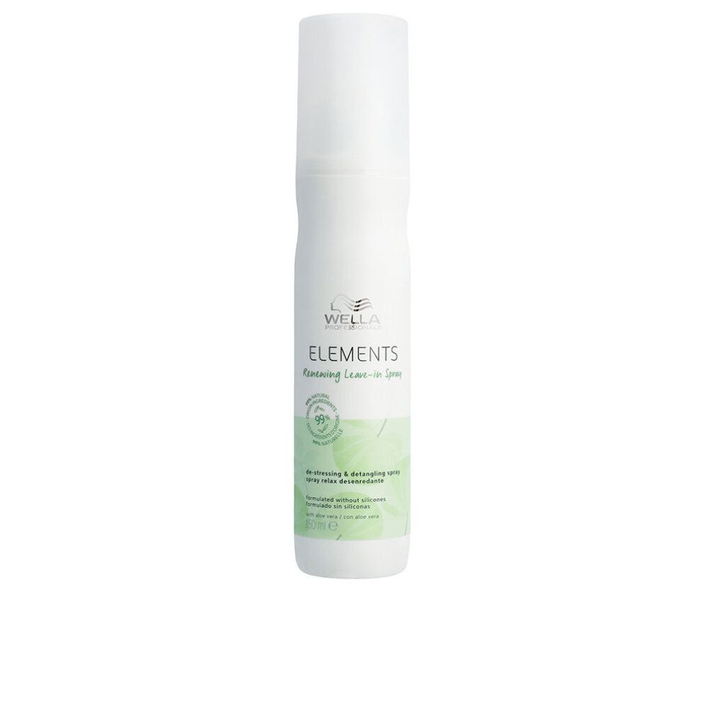 Spray bianco con etichetta verde. Scritta: ELEMENTS, Leave-in Spray. Con logo e testo.