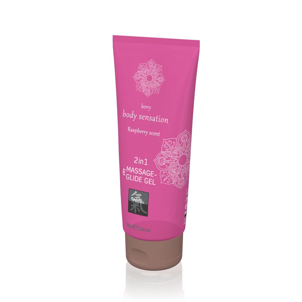 Tubo rosa con gel massaggio e scivolamento. Scritta: berry body sensation, profumo lampone. 2in1 Massage- & Glide Gel.