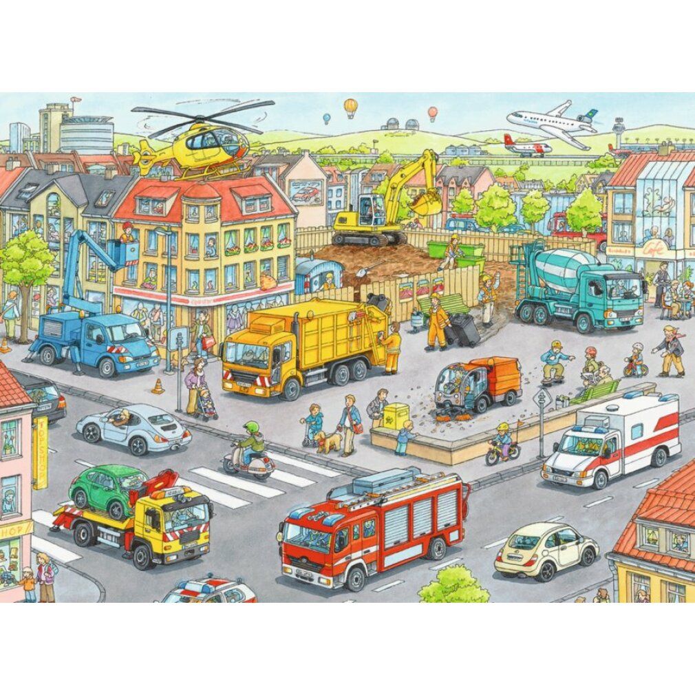 Puzzle con motivo cittadino. Rappresentazione di veicoli, tra cui vigili del fuoco, ambulanze e macchine edili. Senza confezione.