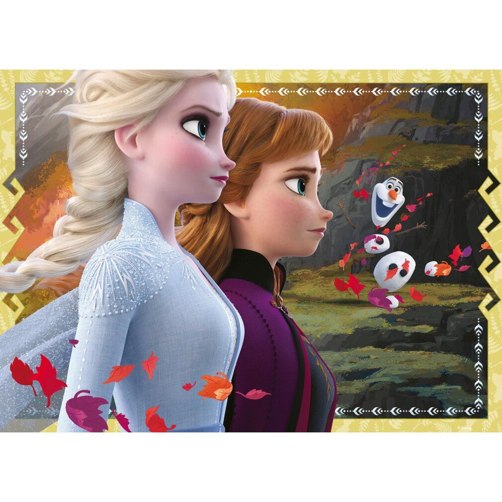 Puzzle con Elsa e Anna di Frozen II. Entrambe guardano a destra. Sfondo: paesaggio autunnale. Cornice dorata con motivo.