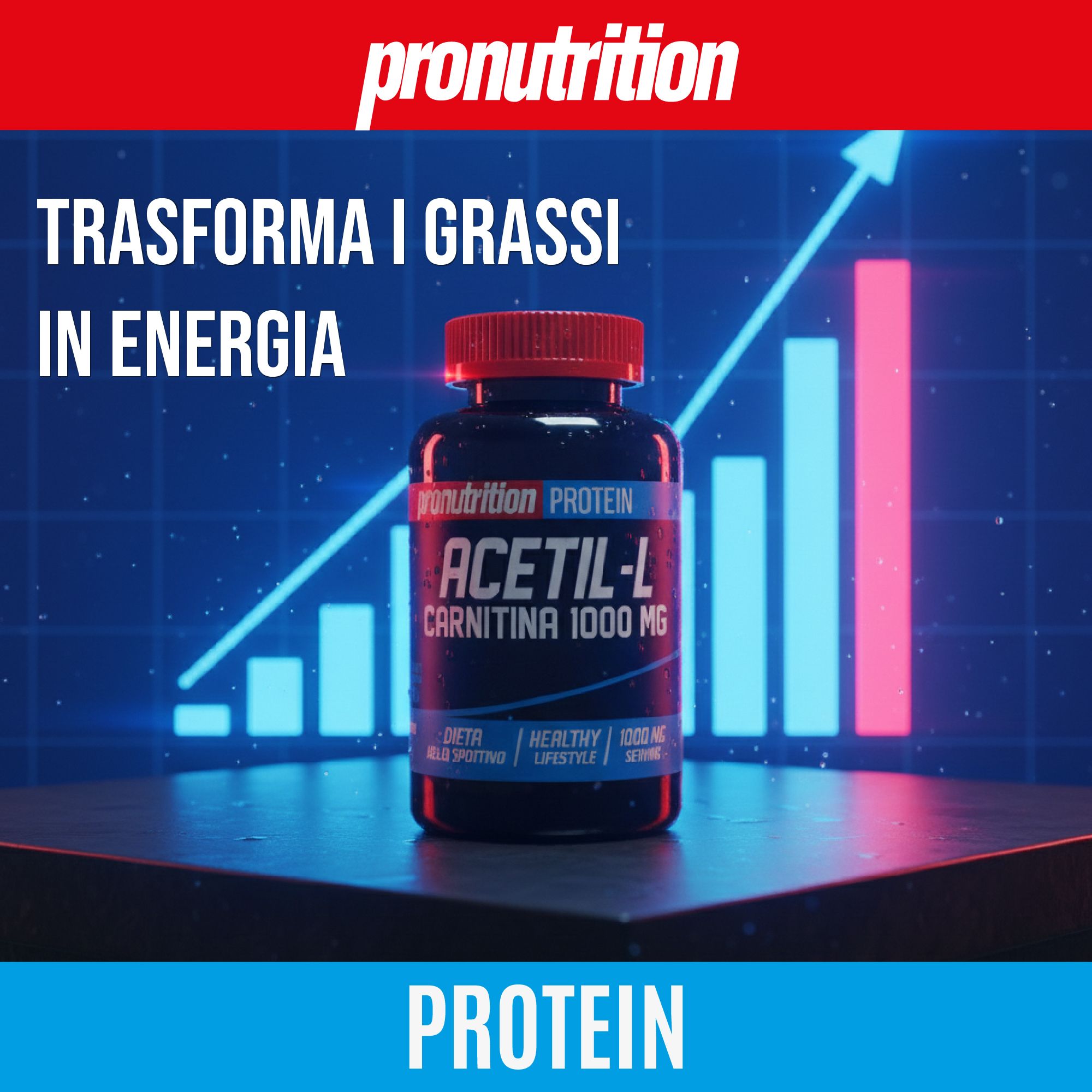 Flacone nero con tappo rosso. Scritta: Acetil-L Carnitina 1000 MG. Sfondo: grafico a barre blu.