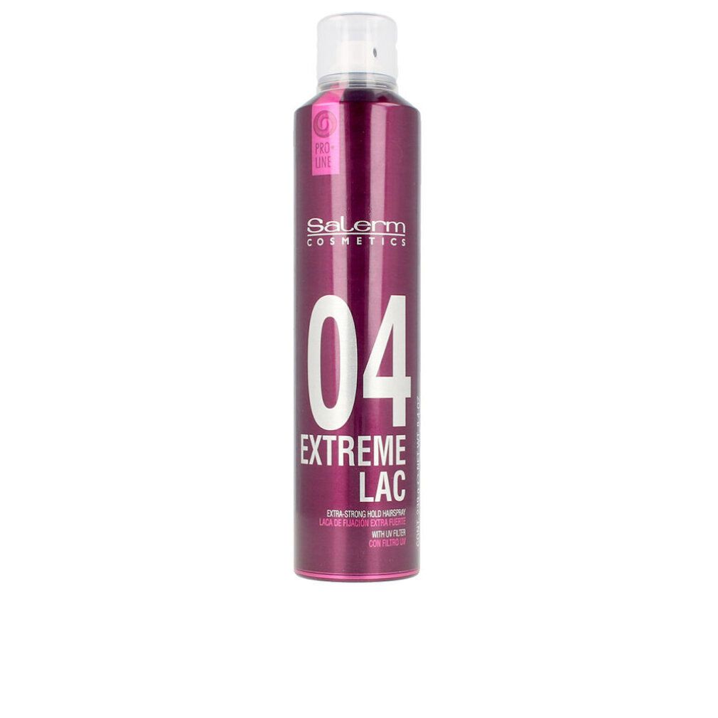 Flacone di lacca per capelli. Flacone viola con tappo bianco. Scritta: Salerm Cosmetics, 04 Extreme Lac.