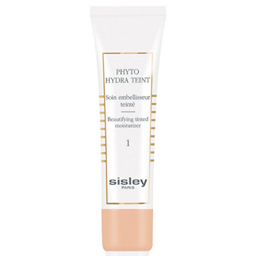 Tubo Sisley Phyto-Hydra Teint. Tonalità 1. Testo: SPF 15. Marchio: Sisley Paris. Tubo bianco con contenuto beige.