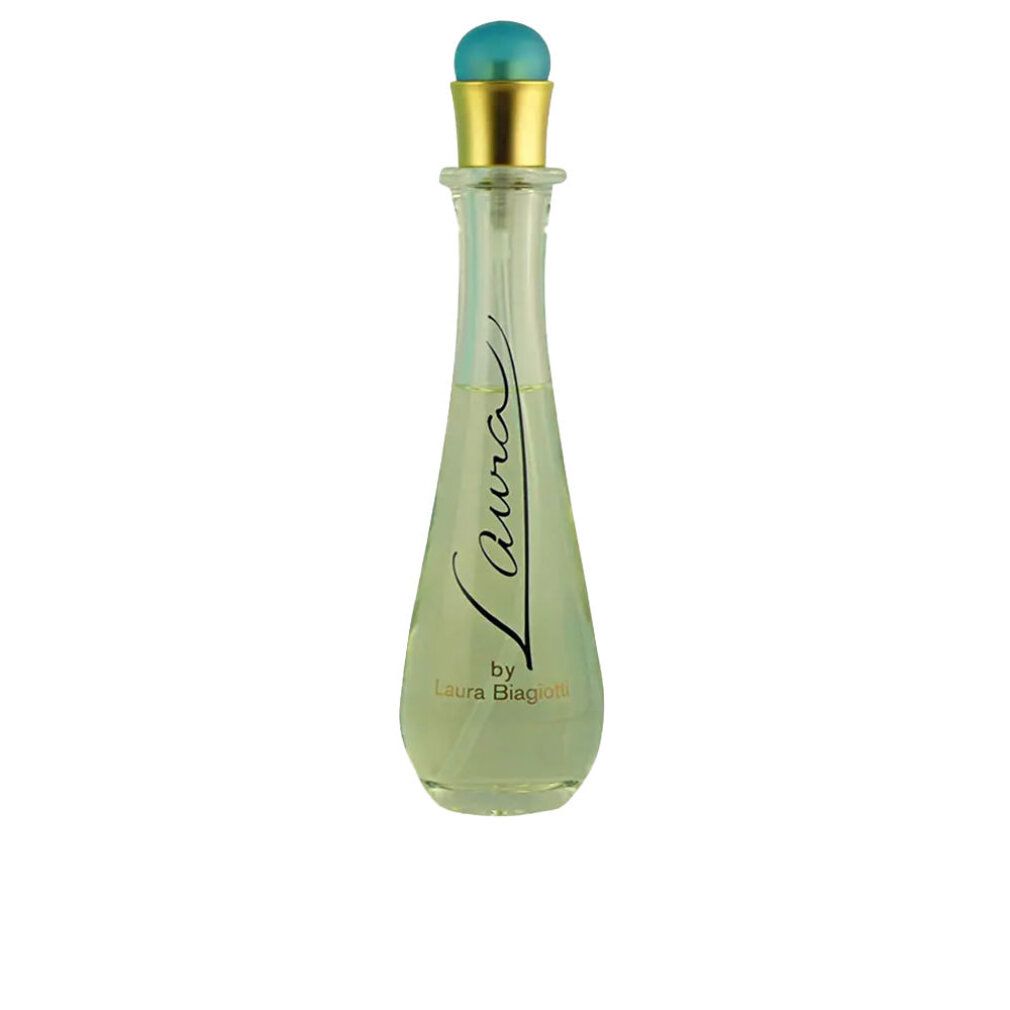 Flacone di profumo con tappo blu e cappuccio dorato. Scritta Laura. Scritta Laura Biagiotti.