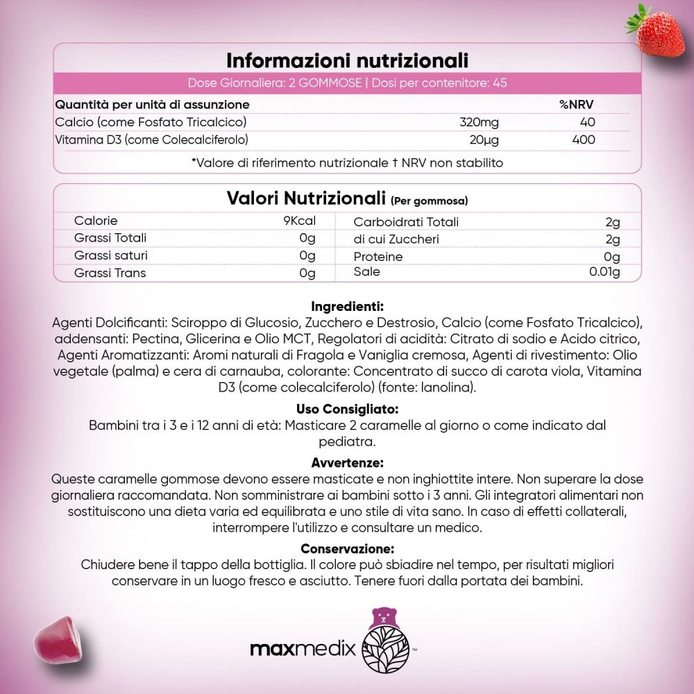 Informazioni nutrizionali. Testo: 2 caramelle gommose. 320mg Calcio, 20µg Vitamina D3. Ingredienti.