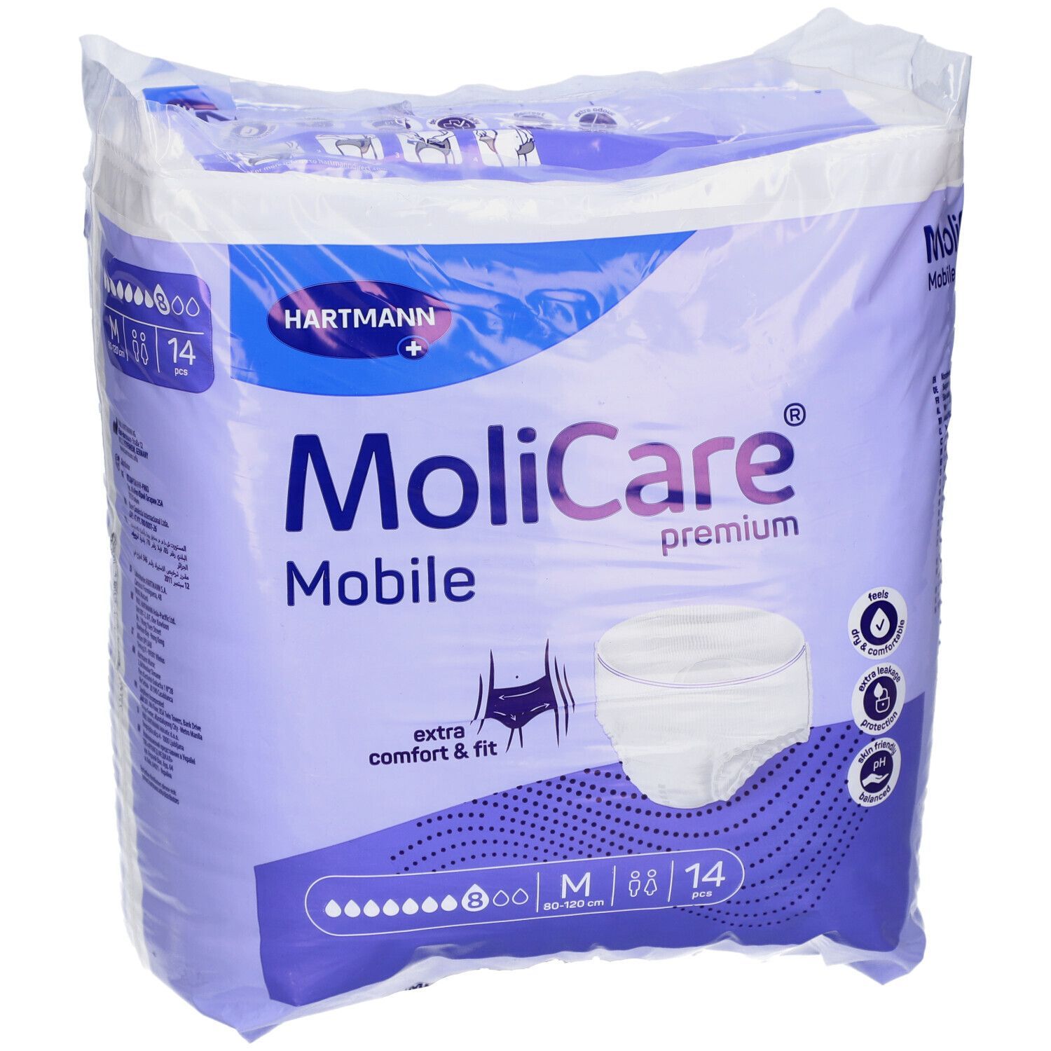 Confezione di MoliCare® premium Mobile Pants M. Contiene 14 pezzi. Taglia M, 80-120 cm. Marchio Hartmann.