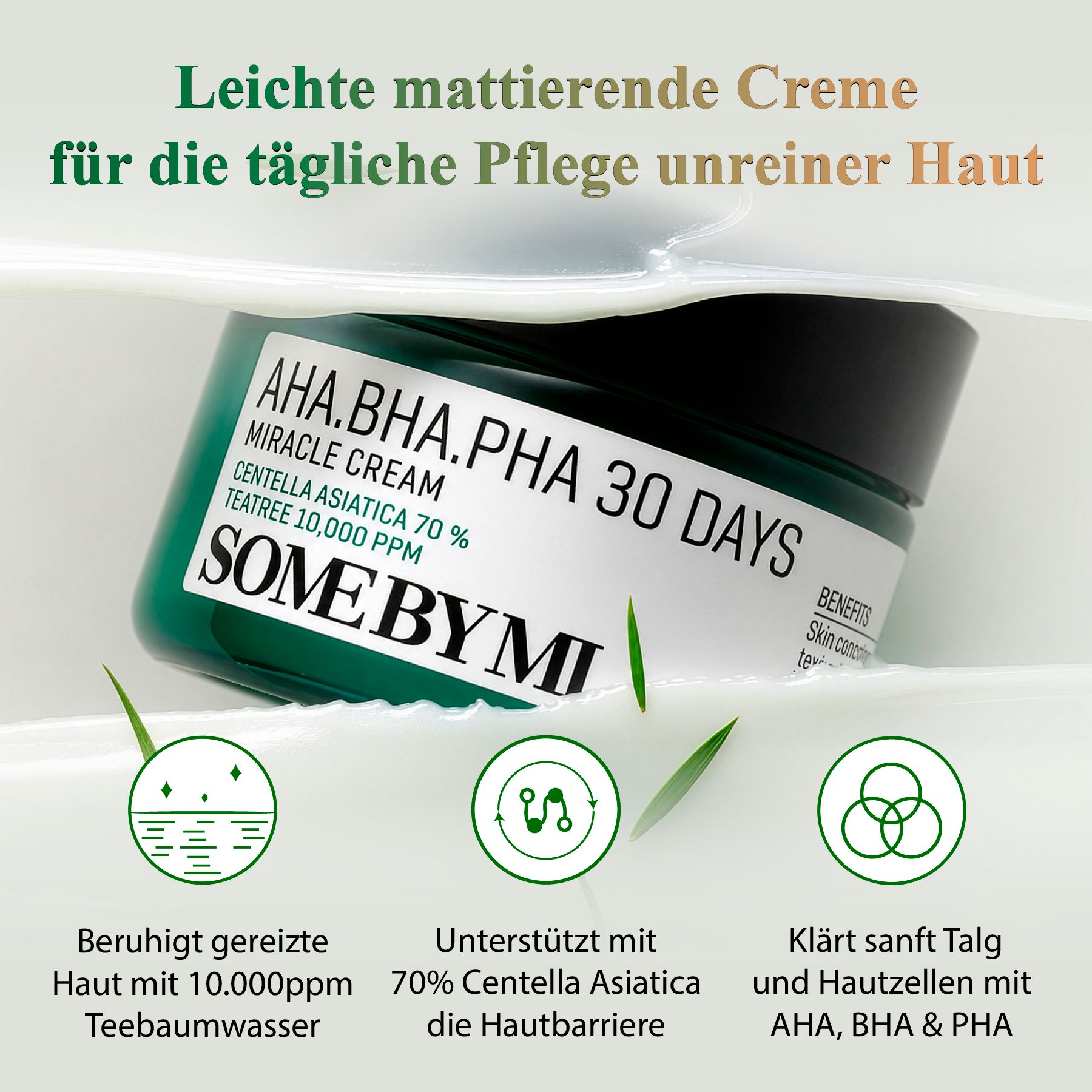 Vasetto verde di AHA.BHA.PHA Miracle Cream di SOME BY MI, cura per 30 giorni.