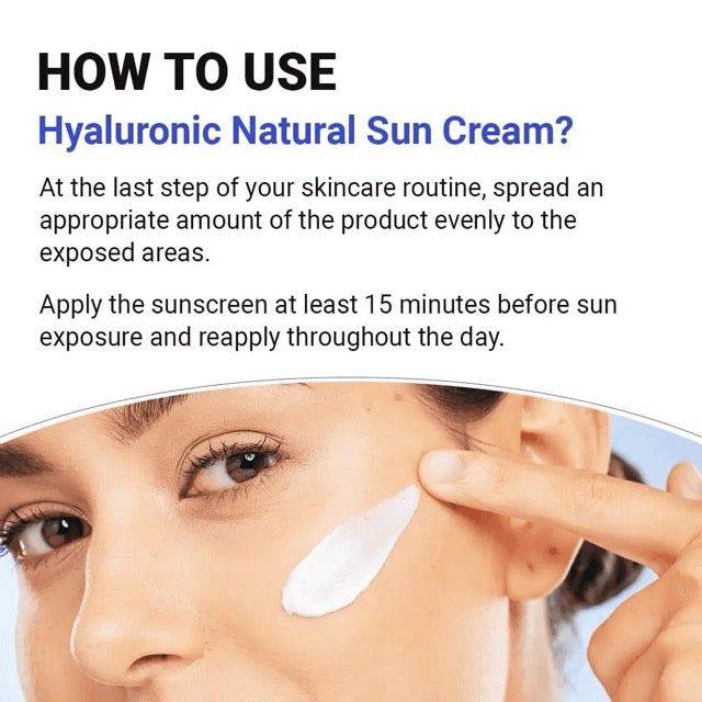 Istruzioni per l'uso della crema solare naturale Isntree Hyaluronic Acid con una persona che la applica.