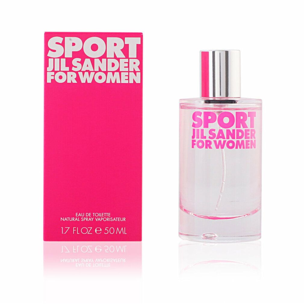 Flacone in vetro e confezione rosa. Scritta SPORT JIL SANDER FOR WOMEN. Flacone con tappo argentato. 50 ml.