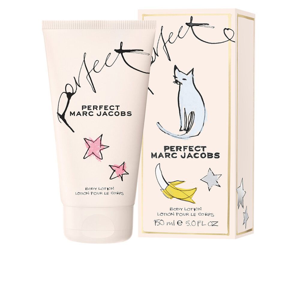 Tubo e scatola beige. Scritta "Perfect MARC JACOBS". Gatto, banana e stelle. Testo: "Body Lotion".