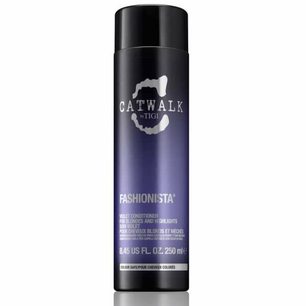 Balsamo viola. Bottiglia nera con sfumatura viola. Scritta: CATWALK by TIGI, Fashionista. 250ml.