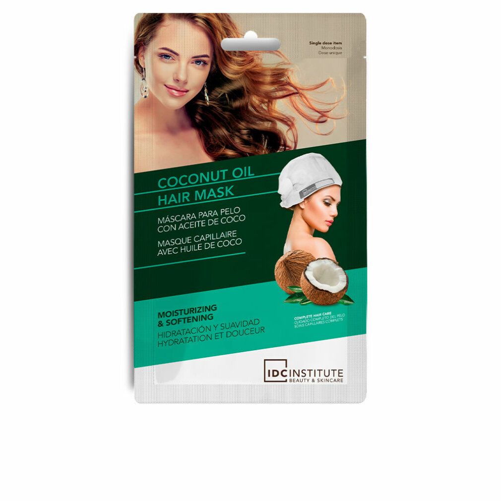 Confezione di maschera per capelli all'olio di cocco. Donna con capelli lunghi e donna con cuffia e cocco.