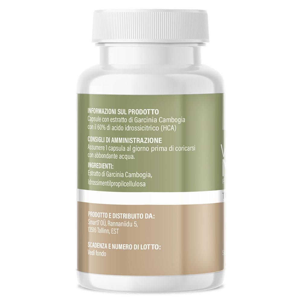 Flacone con etichetta verde. Informazioni sul prodotto, ingredienti, consigli d'uso. Scritta: Vegan Night Burn. Indirizzo del produttore.