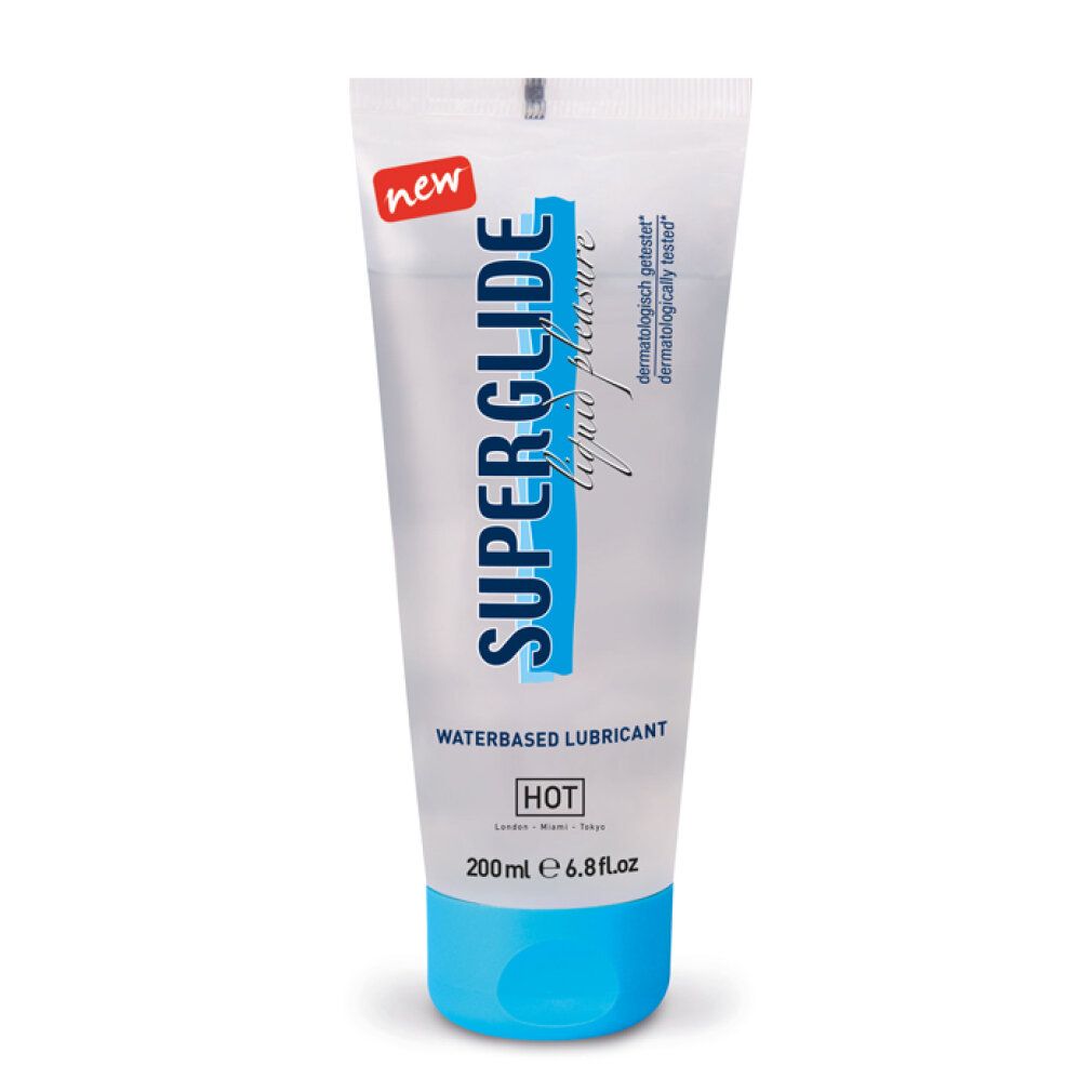 Tubo trasparente con base blu. Scritta: SUPERGLIDE, waterbased lubricant, HOT. Adesivo rosso 'new'.