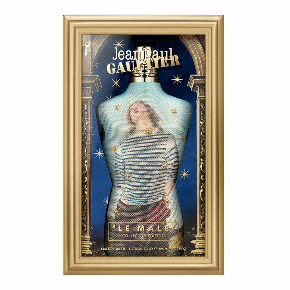 Flacone di profumo a forma di busto, in confezione dorata. Scritte "Jean Paul Gaultier" e "LE MALE".