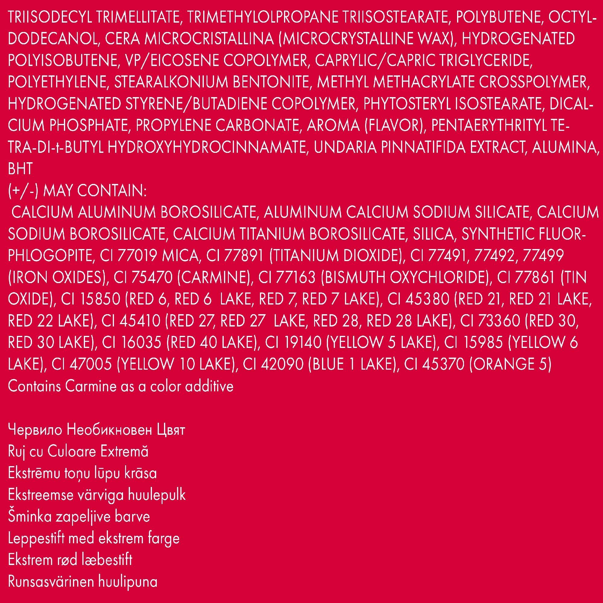 Elenco di testo con ingredienti e coloranti per rossetto. Contiene carminio.