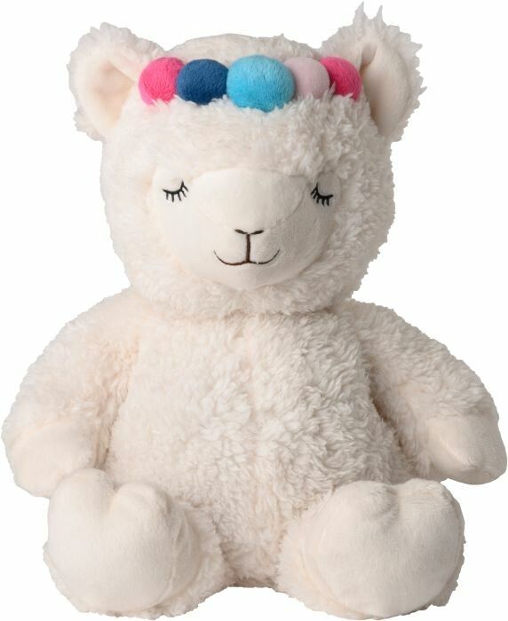 Peluche alpaca bianco con occhi chiusi e pompon colorati sulla testa. È seduto.