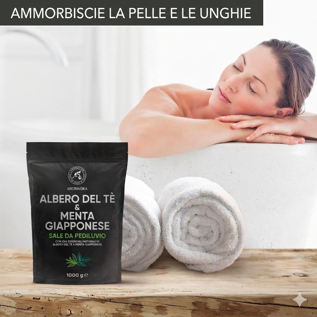 Donna in bagno. Confezione nera accanto agli asciugamani. Testo: 'Amorbisce la pelle e le unghie'.