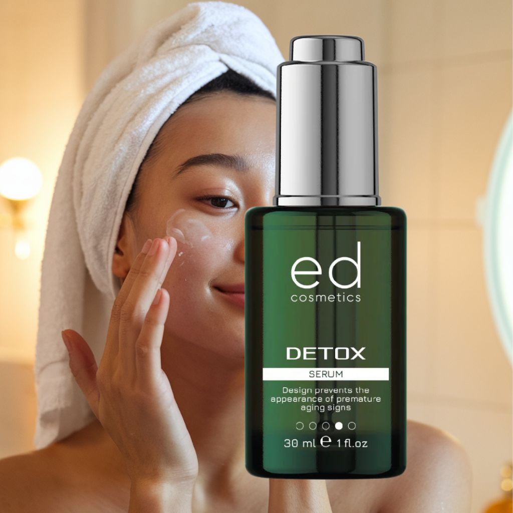 Donna con asciugamano applica siero. Flacone verde con tappo argentato. Scritta: ed cosmetics, Detox Serum.