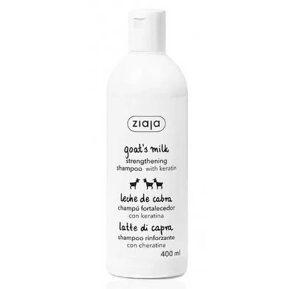 Flacone bianco Ziaja. Testo: goat's milk, Leche de cabra, Latte di capra. Capacità 400 ml.