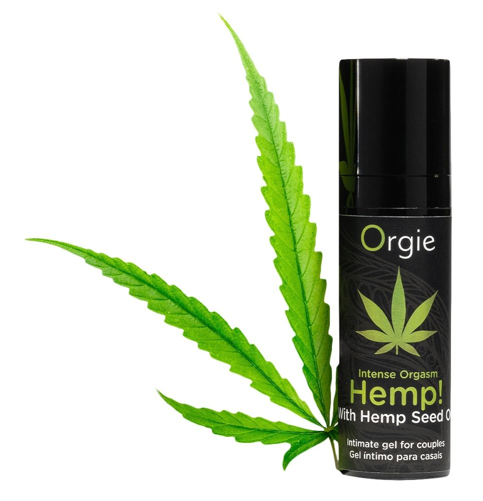 Flacone nero con foglia di cannabis verde e testo: Intense Orgasm Hemp! Gel intimo per coppie. Marchio: Orgie. Foglia accanto.