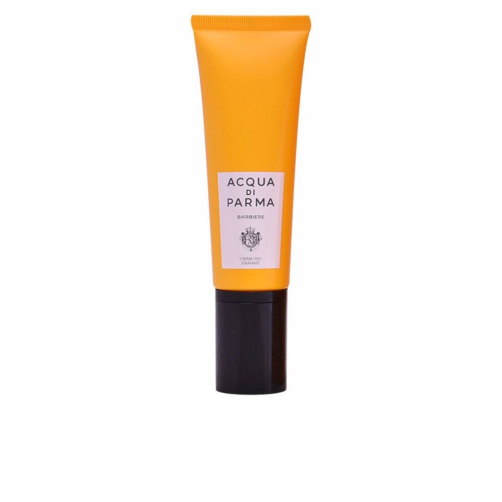 Tubo giallo con tappo nero. Scritta: Acqua di Parma, Barbiere, Creme Viso. Logo.