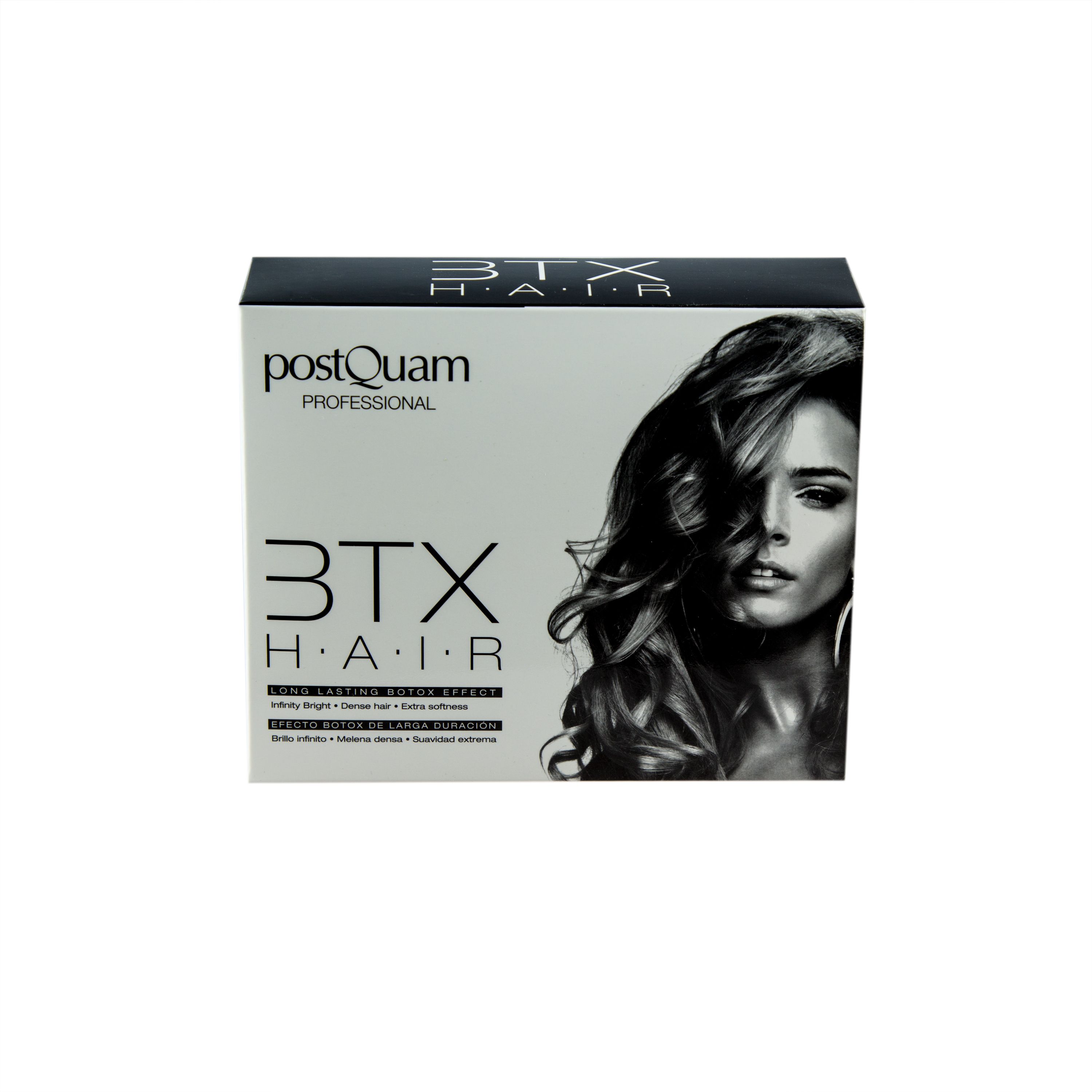 Confezione del prodotto con scritte: PostQuam, 3TX HAIR. Immagine di donna con capelli mossi.