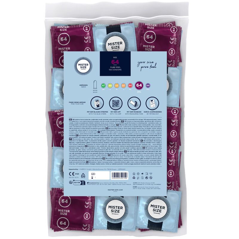 Confezione da 100 preservativi Mister Size 64 XXL Pure Feel, fronte.