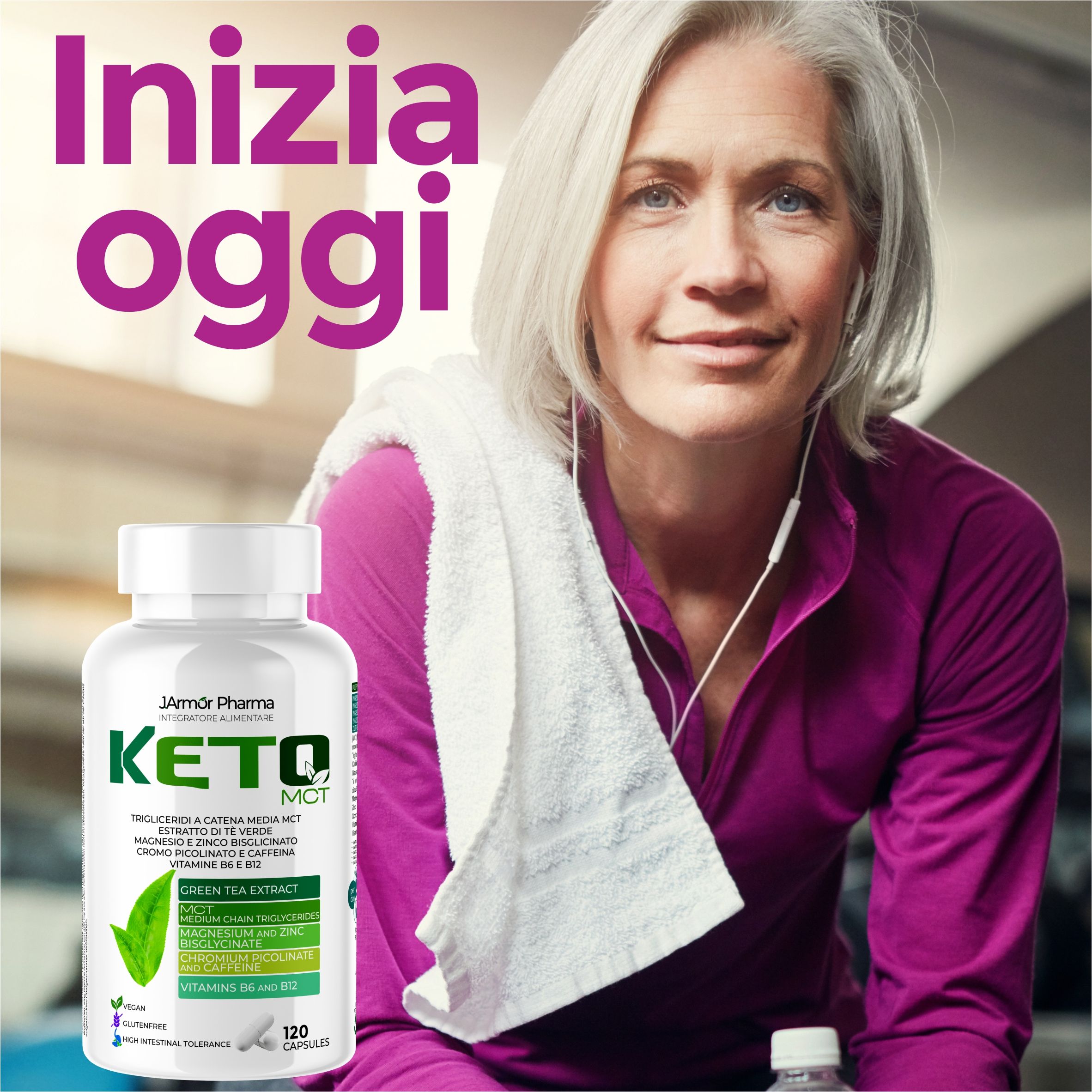 Donna con asciugamano e cuffie vicino a un flacone Keto MCT. Testo: Inizia oggi.