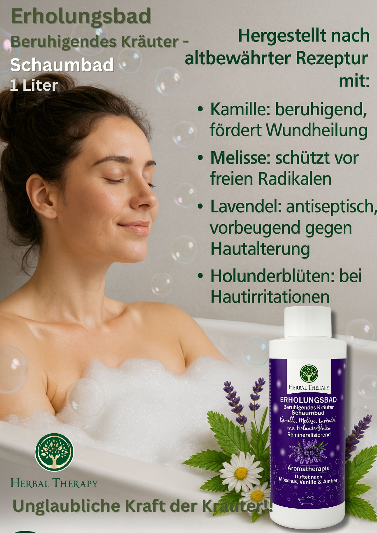 Donna in vasca da bagno con schiuma. Flacone con etichetta viola: Bagno rilassante, bagno schiuma alle erbe. Logo Herbal Therapy.