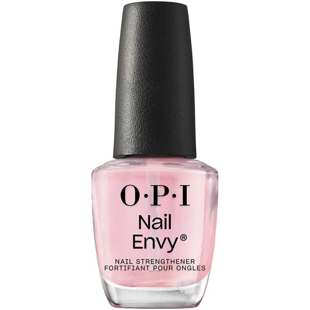 Flacone di smalto OPI Nail Envy rosa, tappo nero. Testo visibile.