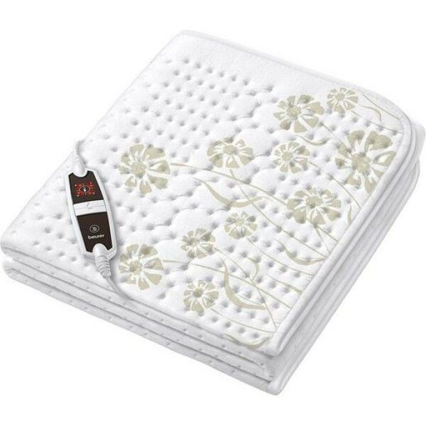 Coperta termica piegata, bianca con motivo floreale. Regolatore di temperatura nero con logo. Su sfondo bianco.