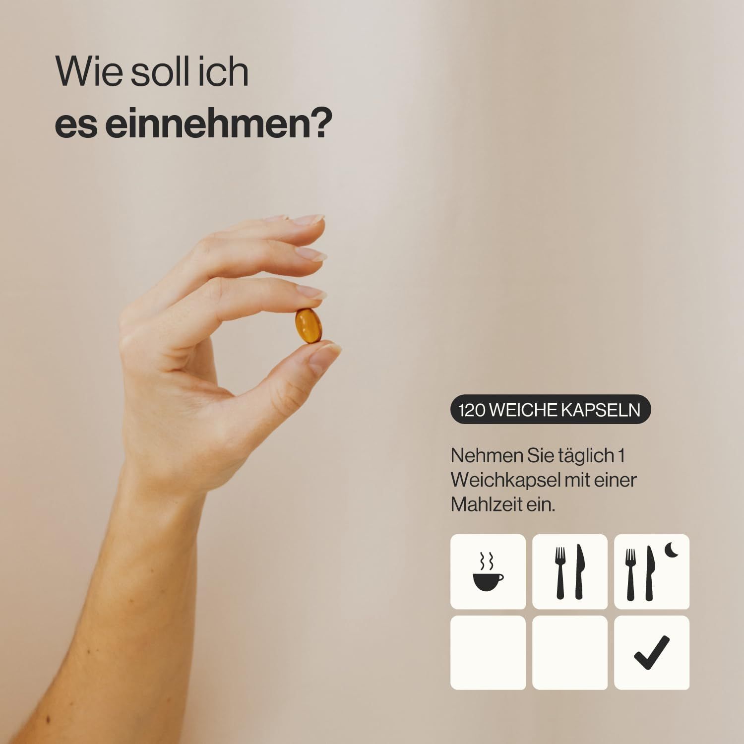 Mano che tiene una capsula gialla. Testo: "120 capsule molli". Simboli: tazza, forchetta, forchetta e luna, segno di spunta.