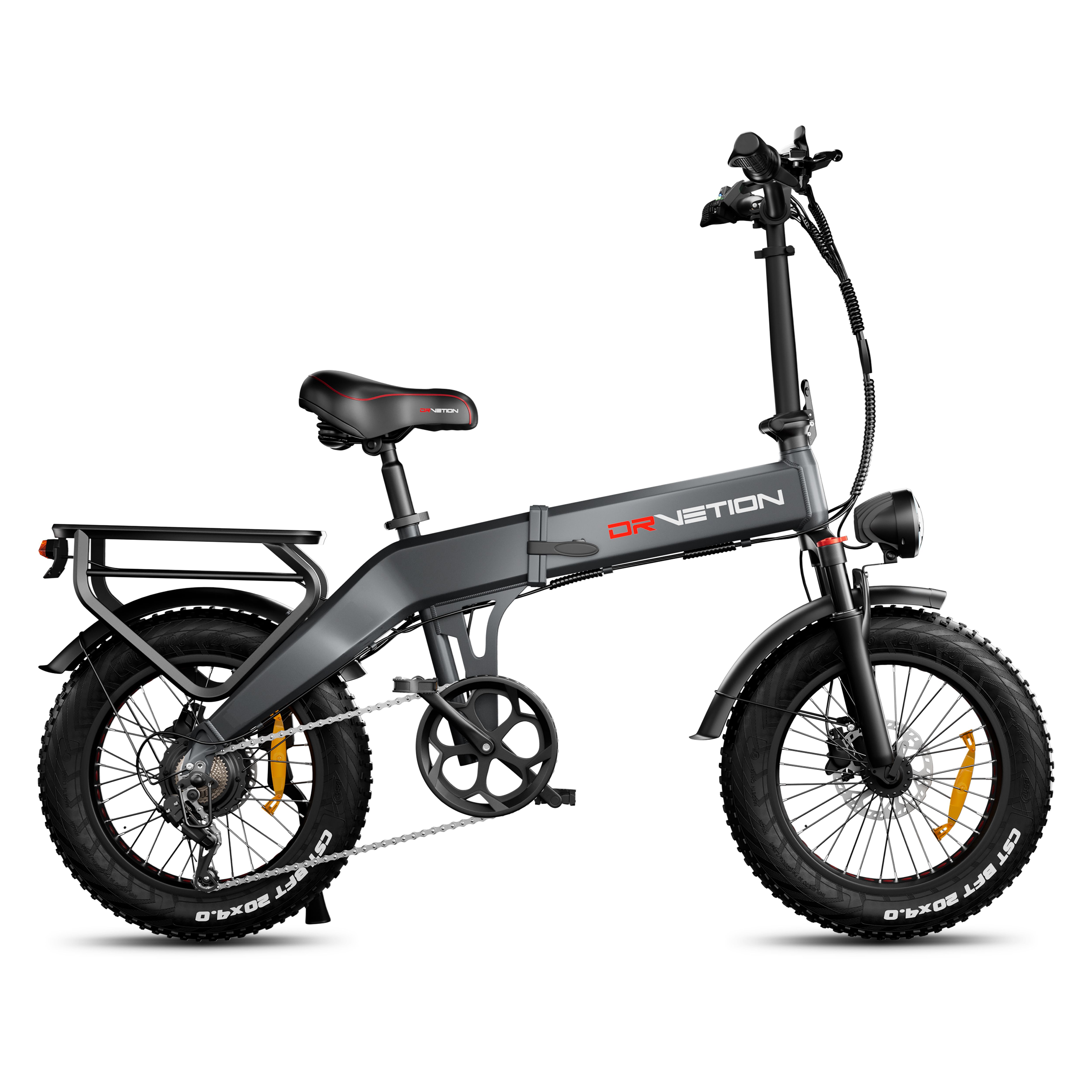 E-bike pieghevole grigio. Pneumatici neri, portapacchi, faro. Marchio: DrveTion. Batteria 48V.