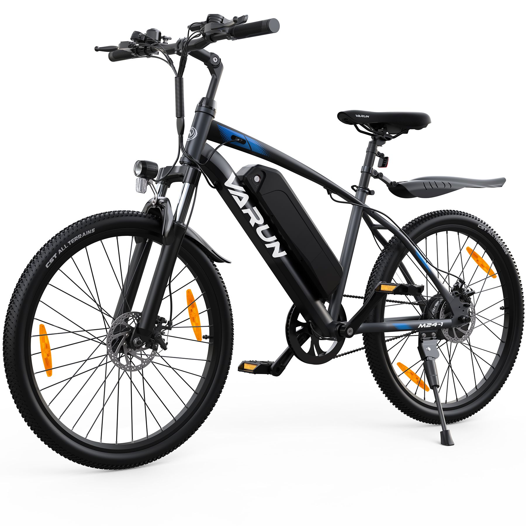 E-bike VARUN M24-1 nero. Visibili: faro, parafanghi, batteria, cambio a 7 marce, catarifrangenti arancioni sulle ruote.