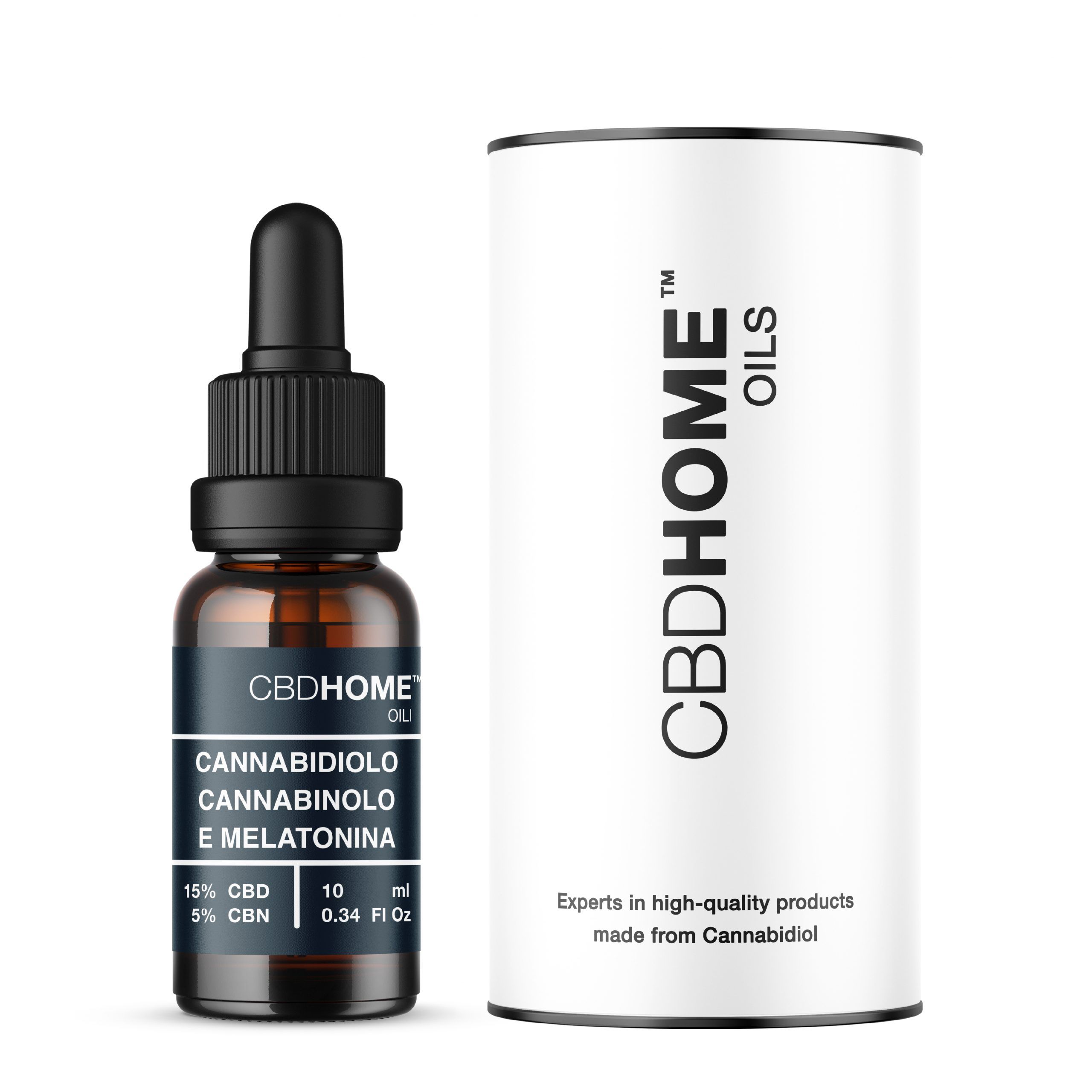 Flacone di olio CBD HOME con contagocce accanto a una confezione cilindrica. Contiene 15% CBD, 5% CBN.